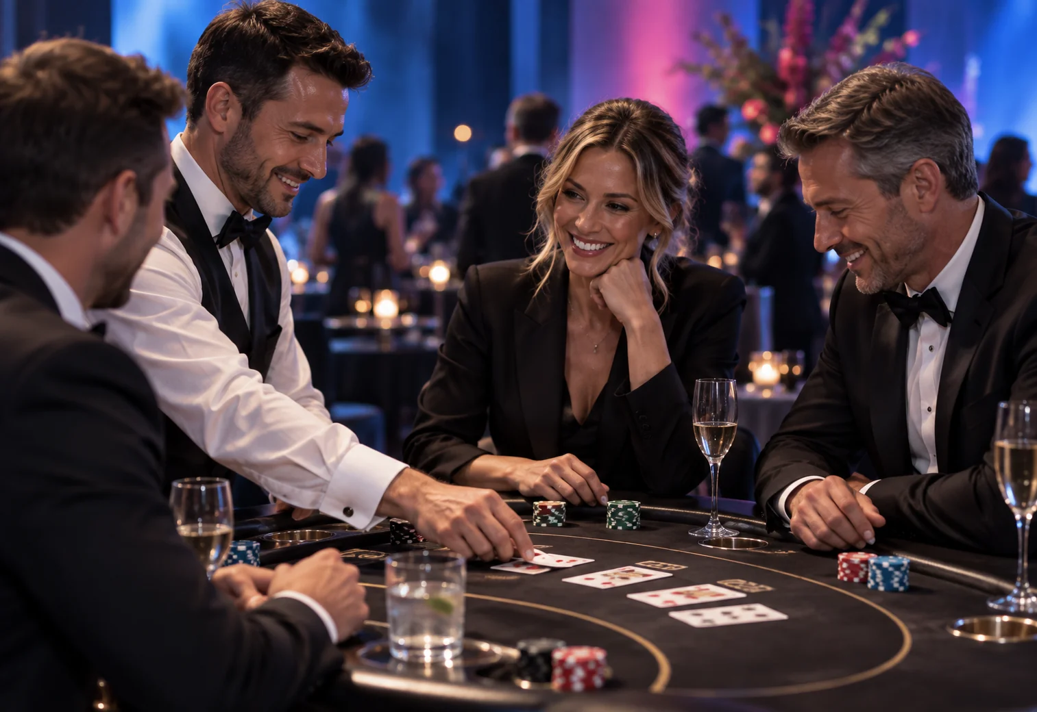Visual direction for adult guests enjoying hosted table entertainment at a private gathering